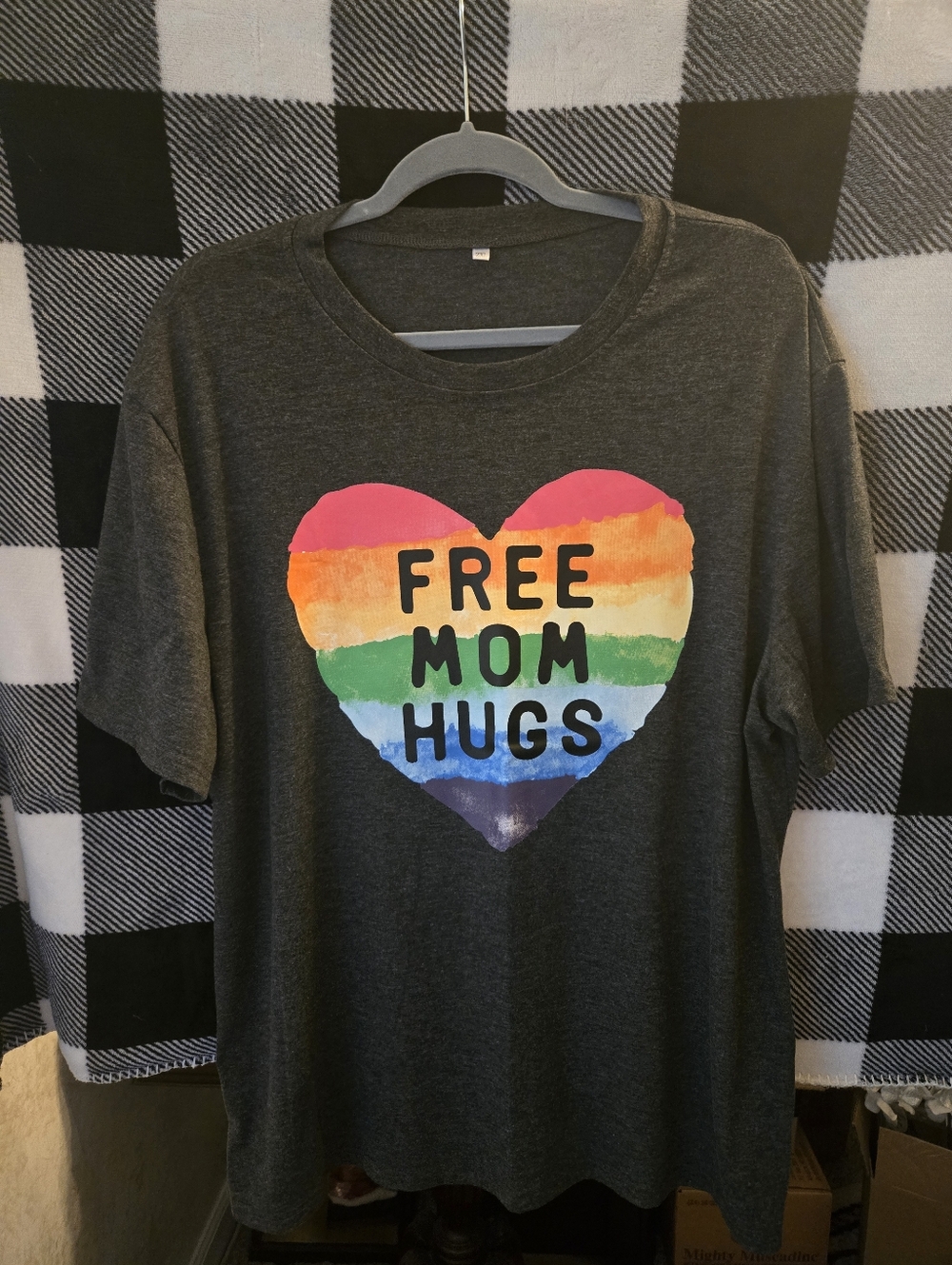 Charcoal Tee with Rainbow Heart "Free Mom Hugs"